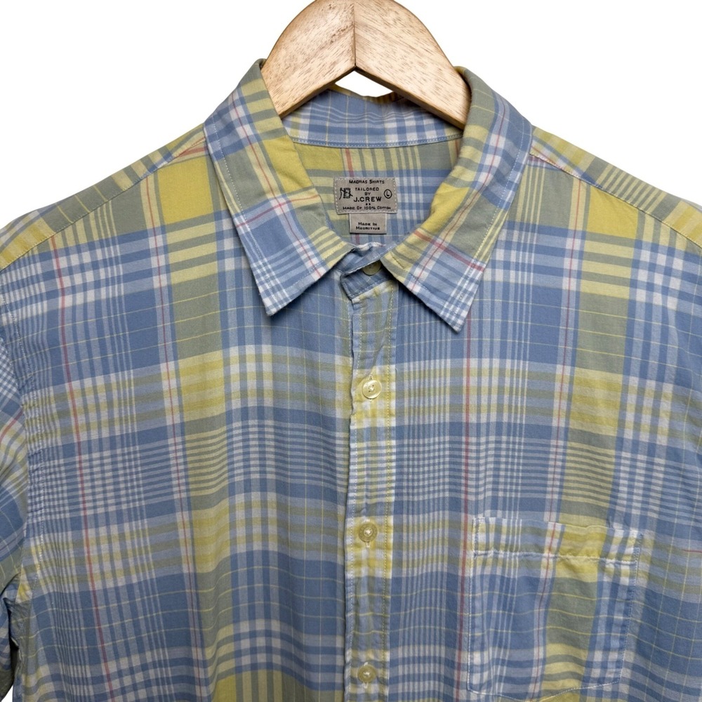 J.Crew Madras Plaid Button Down Shirt Men Large Blue Yellow 100% Cotton Preppy